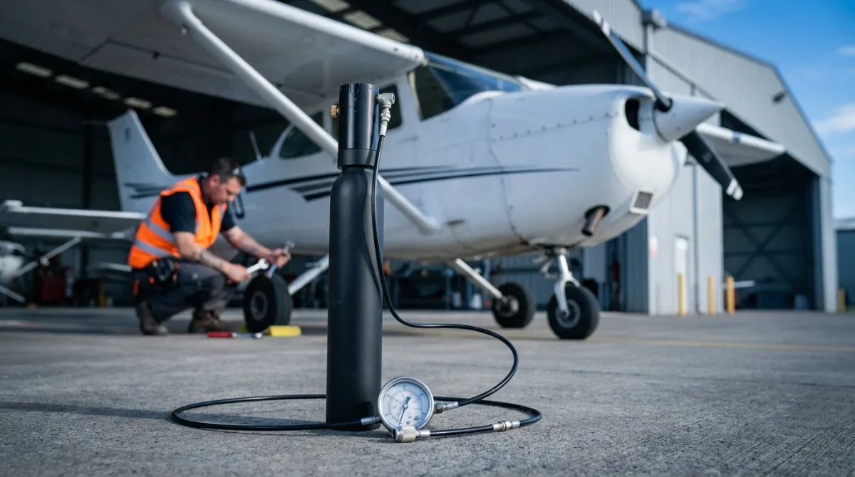 ∆P oleo-pneumatic shock absorber on aircraft tarmac with mechanic performing maintenance